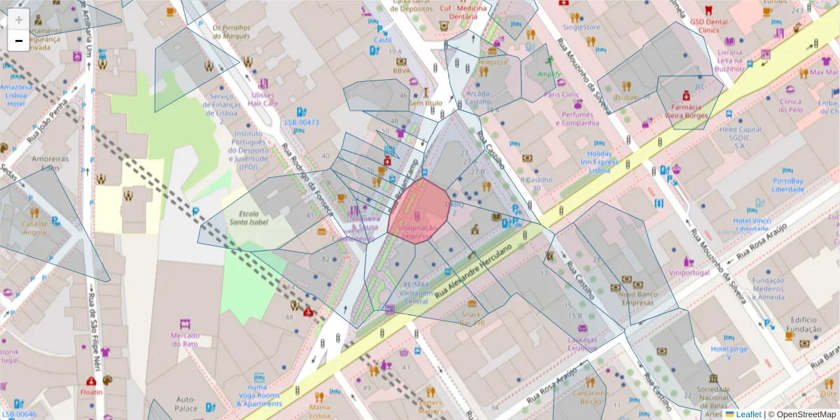 Mapa detalhado do código postal 1250-049 com limites, códigos postais vizinhos e agências dos correios
