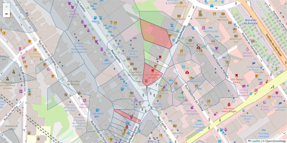 Mapa detalhado do código postal 1250-050 com limites, códigos postais vizinhos e agências dos correios