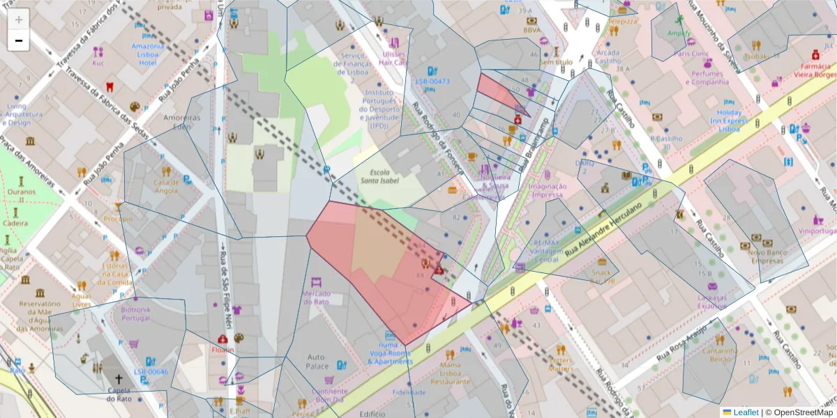 Mapa detalhado do código postal 1250-052 com limites, códigos postais vizinhos e agências dos correios