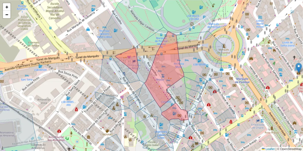 Mapa detalhado do código postal 1250-068 com limites, códigos postais vizinhos e agências dos correios
