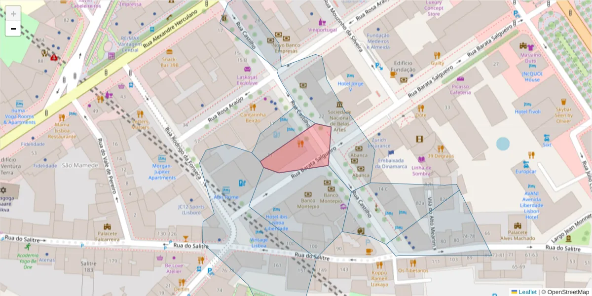 Mapa detalhado do código postal 1250-072 com limites, códigos postais vizinhos e agências dos correios