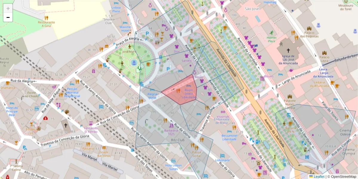 Mapa detalhado do código postal 1250-080 com limites, códigos postais vizinhos e agências dos correios