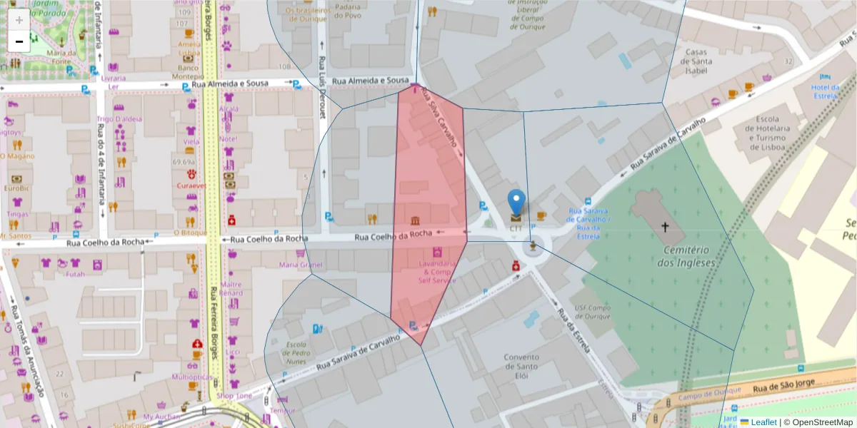 Mapa detalhado do código postal 1250-088 com limites, códigos postais vizinhos e agências dos correios