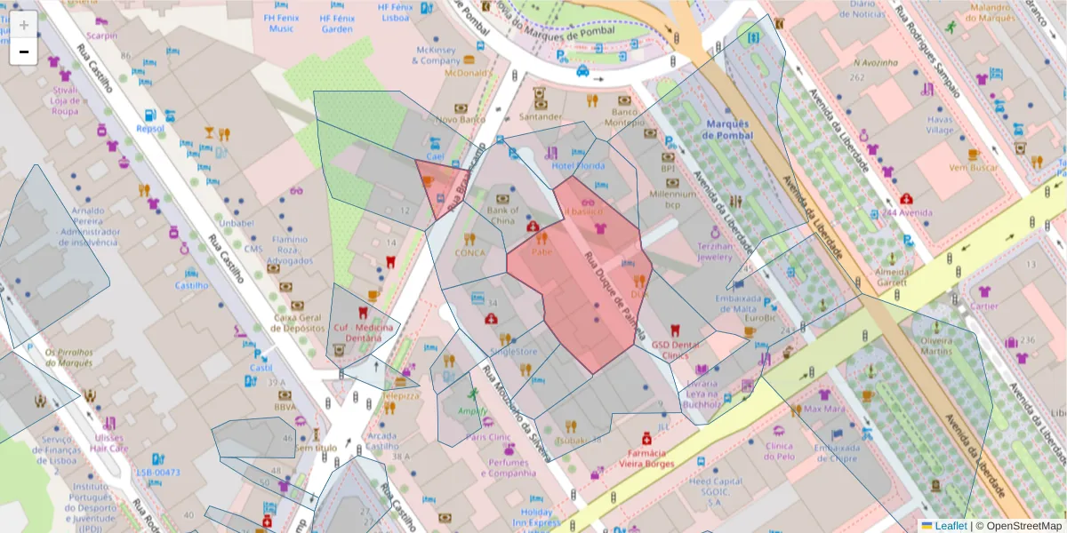 Mapa detalhado do código postal 1250-097 com limites, códigos postais vizinhos e agências dos correios