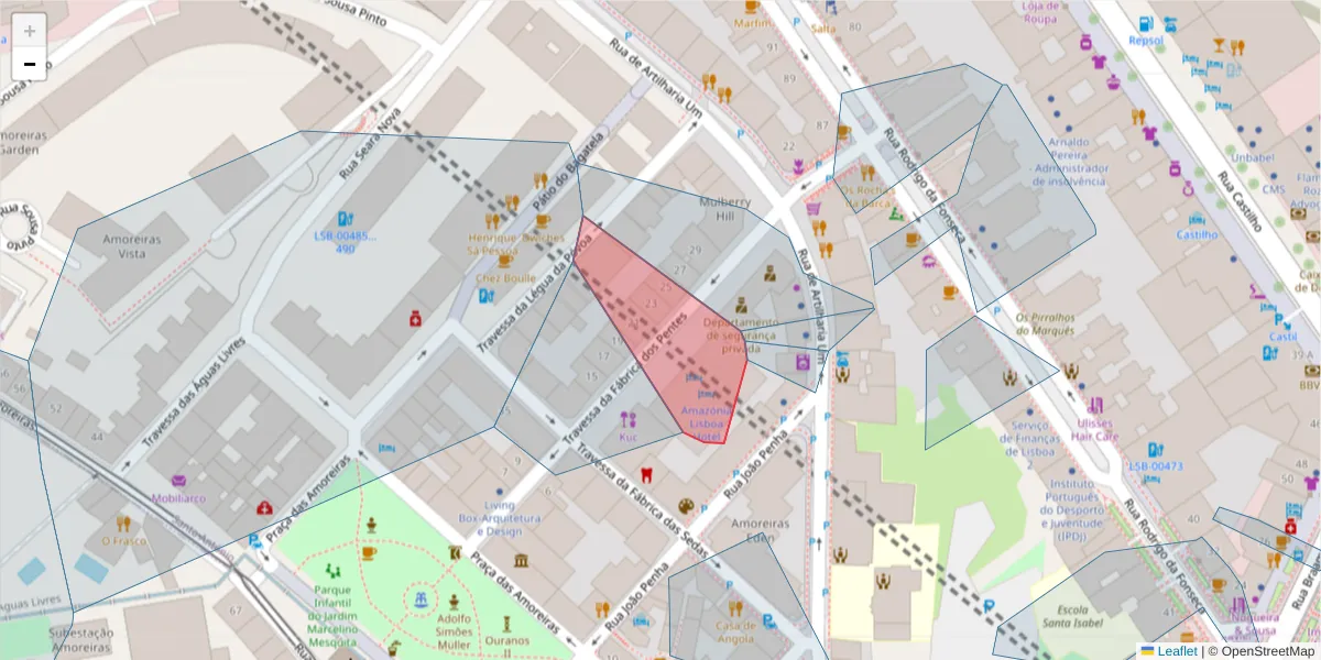 Mapa detalhado do código postal 1250-106 com limites, códigos postais vizinhos e agências dos correios