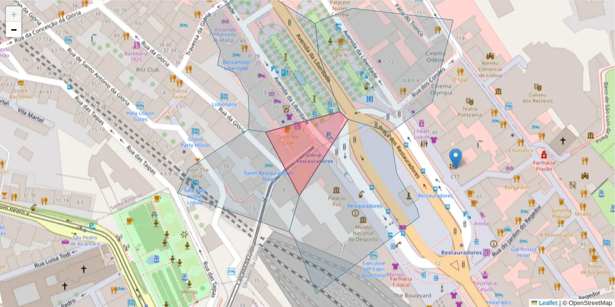 Mapa detalhado do código postal 1250-113 com limites, códigos postais vizinhos e agências dos correios