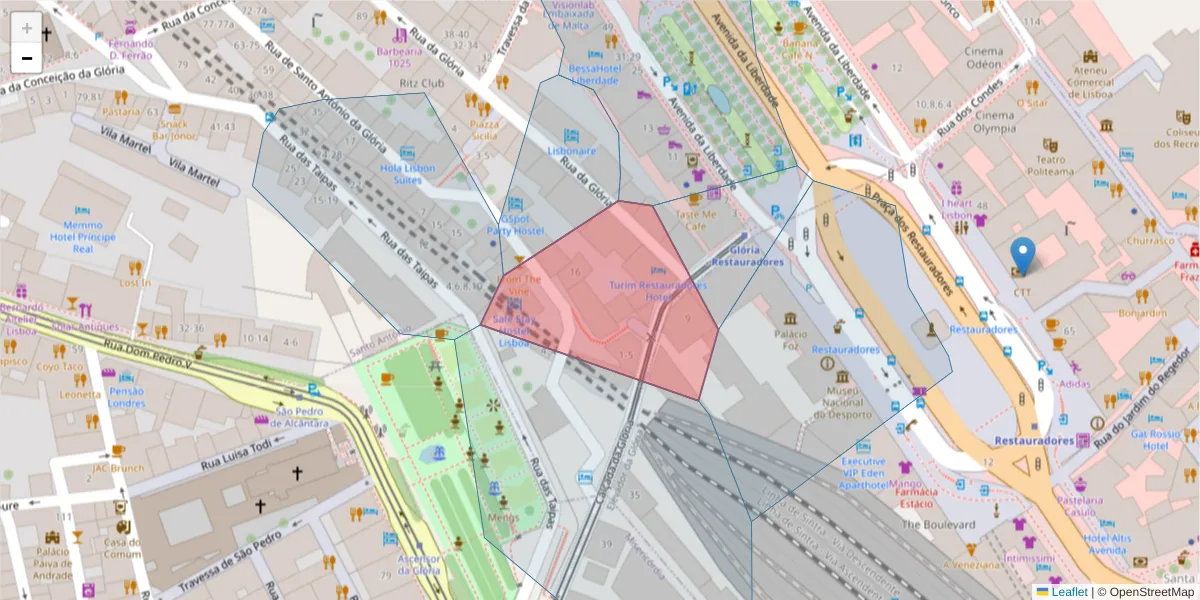 Mapa detalhado do código postal 1250-114 com limites, códigos postais vizinhos e agências dos correios