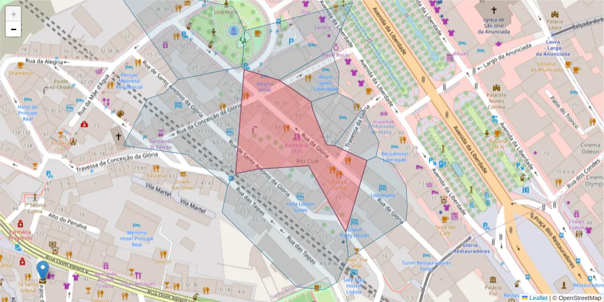 Mapa detalhado do código postal 1250-115 com limites, códigos postais vizinhos e agências dos correios