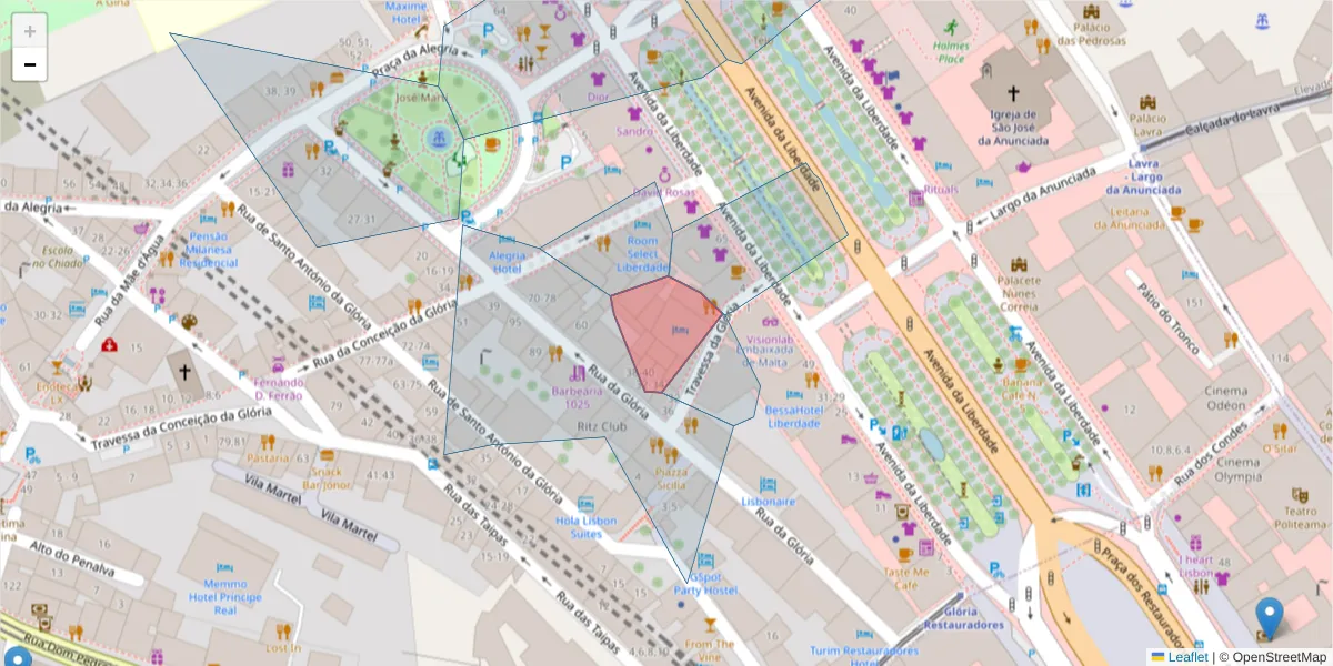 Mapa detalhado do código postal 1250-118 com limites, códigos postais vizinhos e agências dos correios