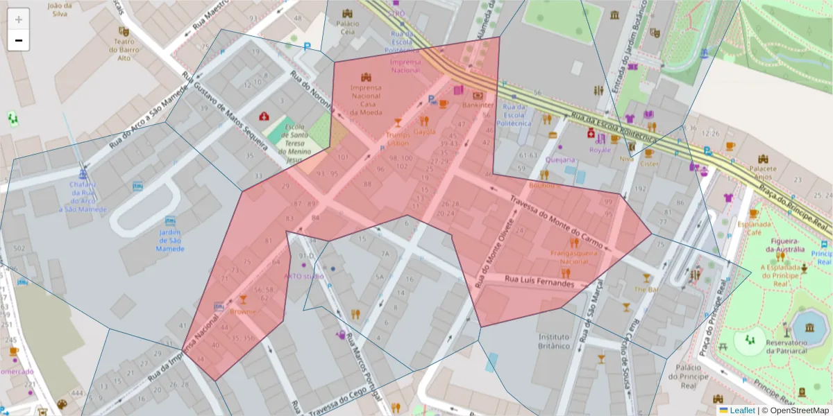 Mapa detalhado do código postal 1250-127 com limites, códigos postais vizinhos e agências dos correios