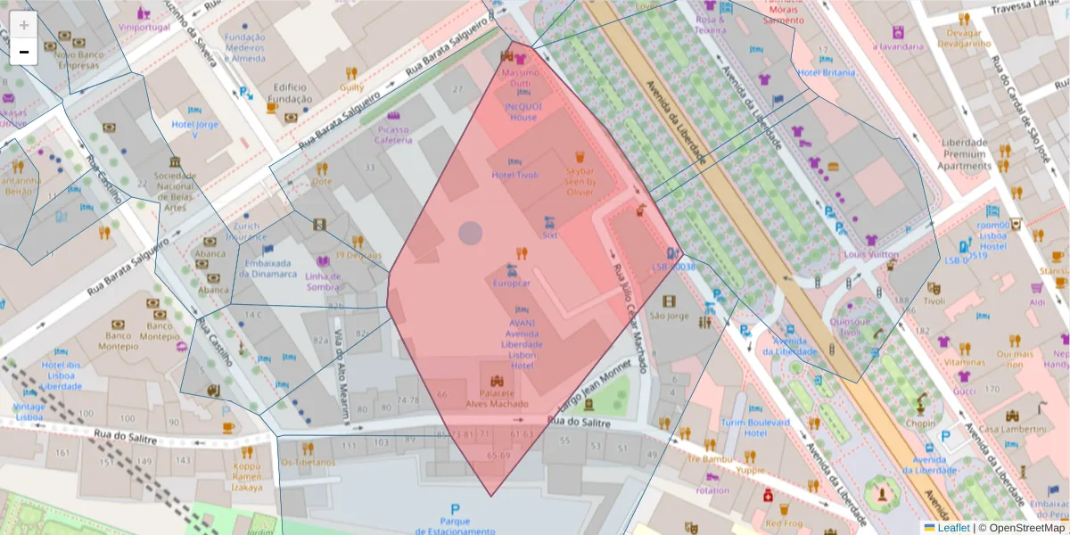 Mapa detalhado do código postal 1250-135 com limites, códigos postais vizinhos e agências dos correios