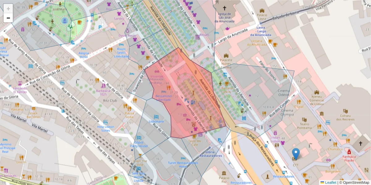 Mapa detalhado do código postal 1250-139 com limites, códigos postais vizinhos e agências dos correios