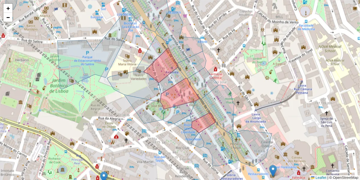Mapa detalhado do código postal 1250-140 com limites, códigos postais vizinhos e agências dos correios