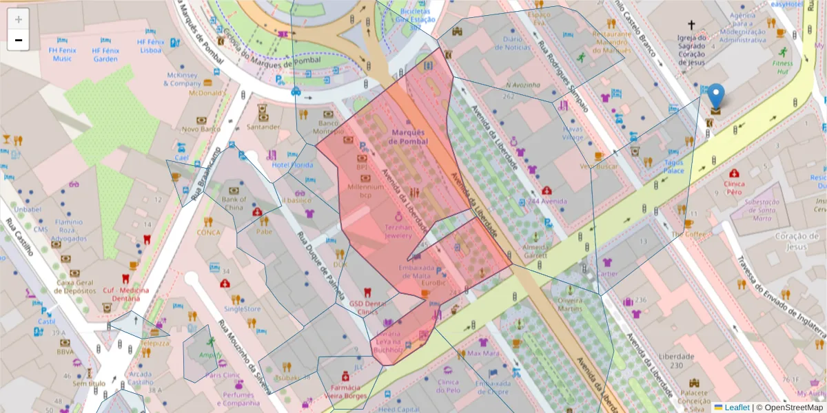 Mapa detalhado do código postal 1250-143 com limites, códigos postais vizinhos e agências dos correios