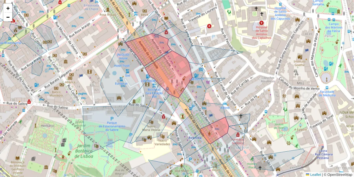 Mapa detalhado do código postal 1250-147 com limites, códigos postais vizinhos e agências dos correios
