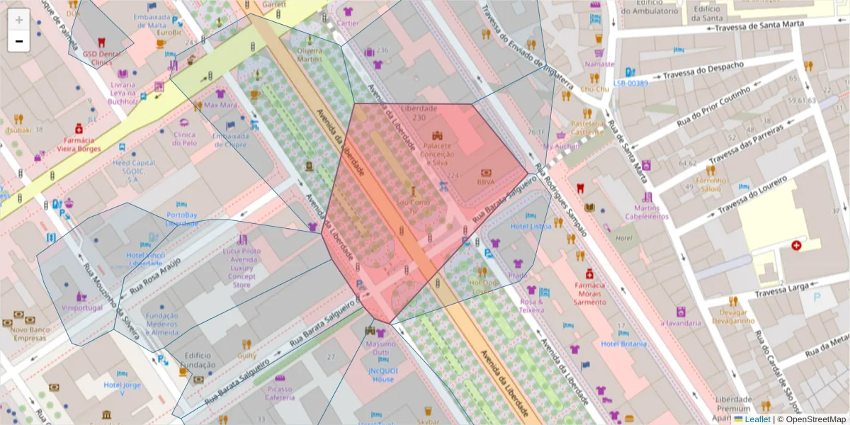 Mapa detalhado do código postal 1250-148 com limites, códigos postais vizinhos e agências dos correios