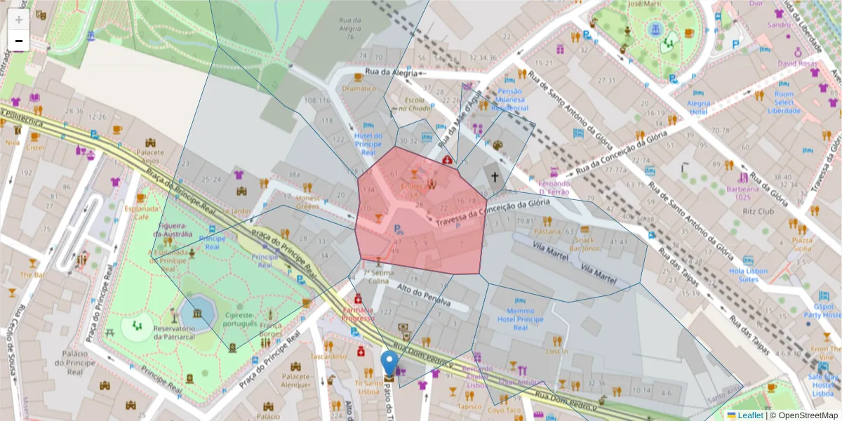 Mapa detalhado do código postal 1250-154 com limites, códigos postais vizinhos e agências dos correios