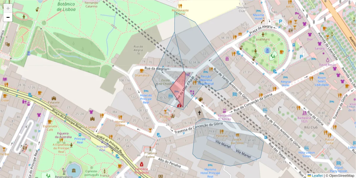 Mapa detalhado do código postal 1250-156 com limites, códigos postais vizinhos e agências dos correios