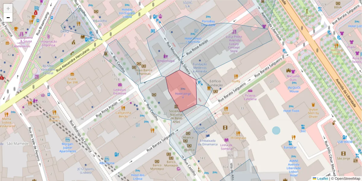 Mapa detalhado do código postal 1250-165 com limites, códigos postais vizinhos e agências dos correios