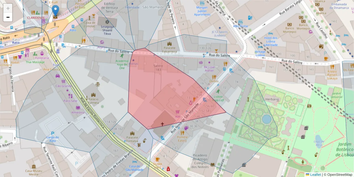 Mapa detalhado do código postal 1250-172 com limites, códigos postais vizinhos e agências dos correios