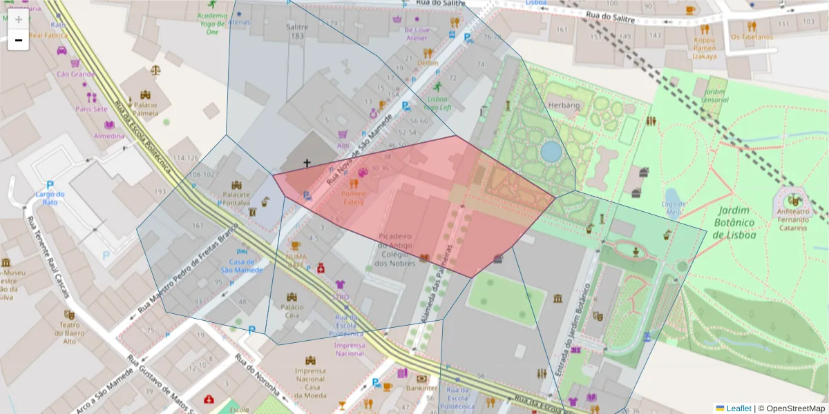 Mapa detalhado do código postal 1250-173 com limites, códigos postais vizinhos e agências dos correios
