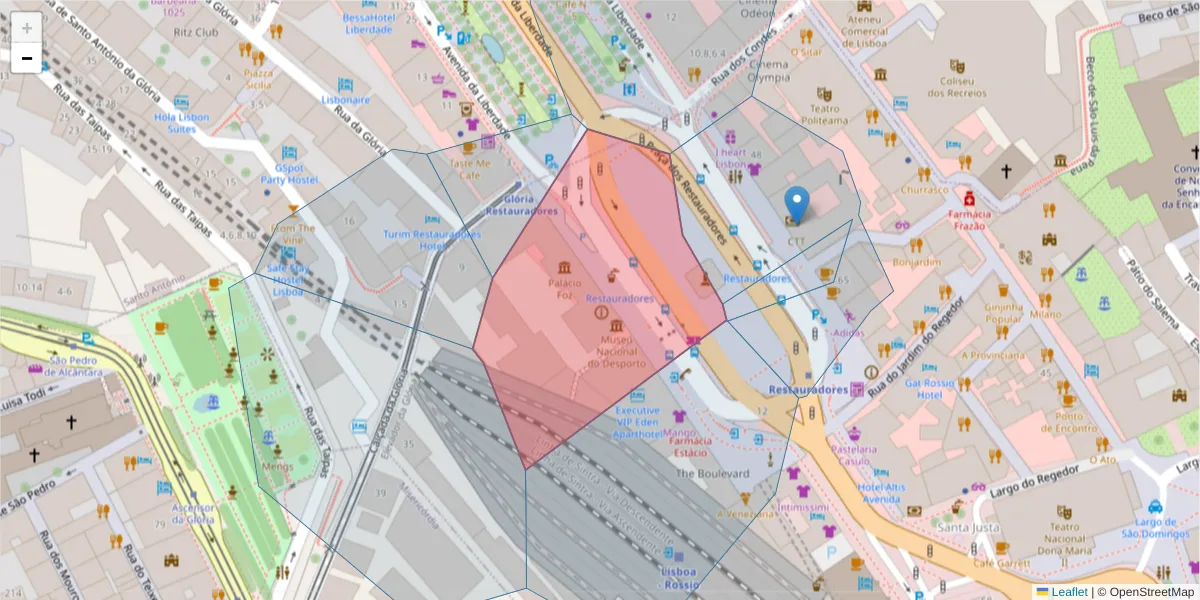 Mapa detalhado do código postal 1250-187 com limites, códigos postais vizinhos e agências dos correios