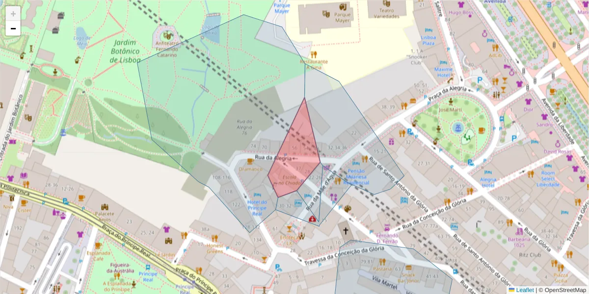 Mapa detalhado do código postal 1250-196 com limites, códigos postais vizinhos e agências dos correios