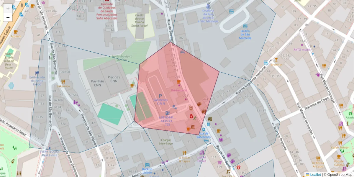 Mapa detalhado do código postal 1250-219 com limites, códigos postais vizinhos e agências dos correios