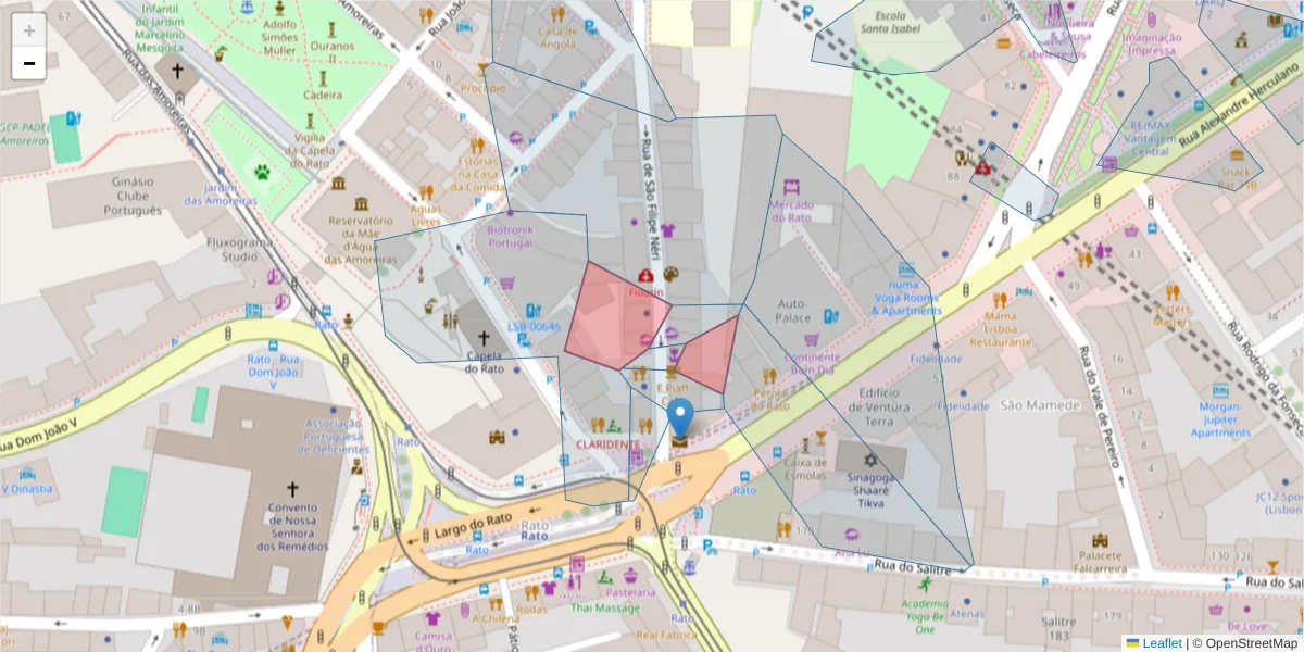 Mapa detalhado do código postal 1250-225 com limites, códigos postais vizinhos e agências dos correios