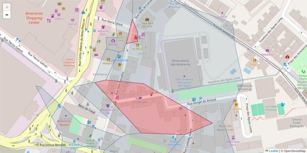 Mapa detalhado do código postal 1250-259 com limites, códigos postais vizinhos e agências dos correios
