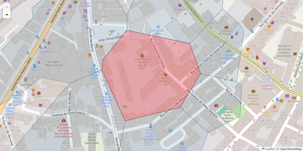 Mapa detalhado do código postal 1250-268 com limites, códigos postais vizinhos e agências dos correios
