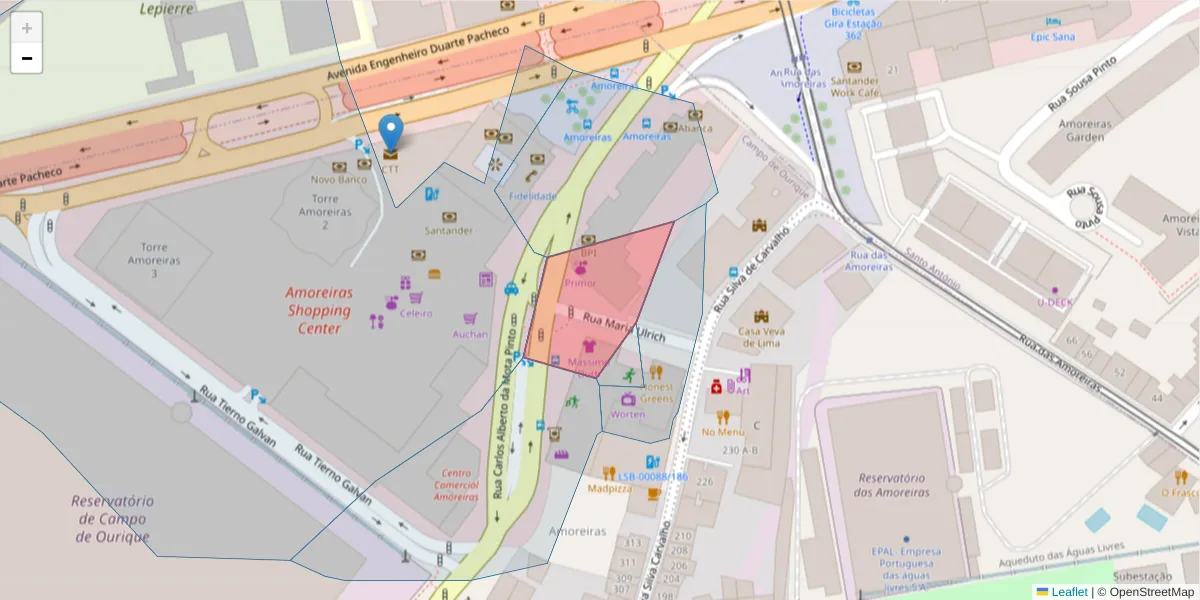 Mapa detalhado do código postal 1250-525 com limites, códigos postais vizinhos e agências dos correios