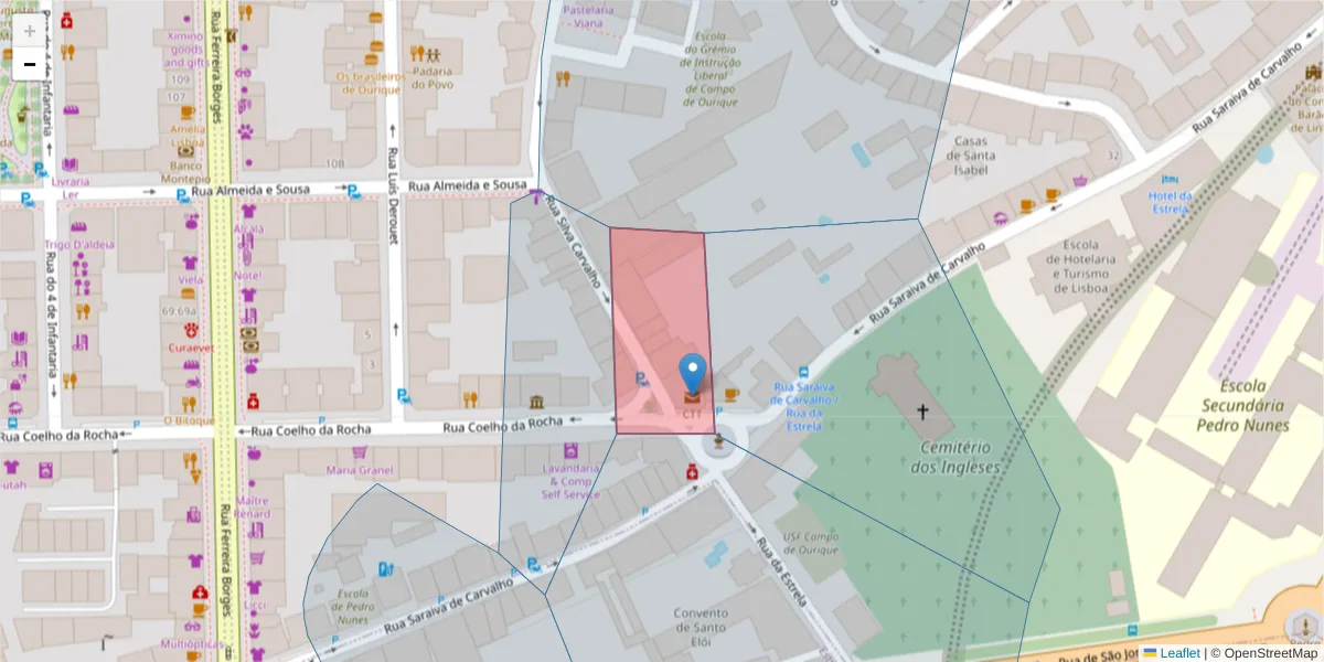 Mapa detalhado do código postal 1250-996 com limites, códigos postais vizinhos e agências dos correios