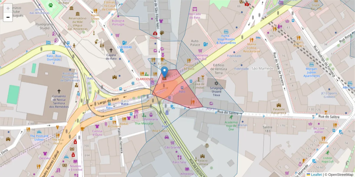 Mapa detalhado do código postal 1250-999 com limites, códigos postais vizinhos e agências dos correios