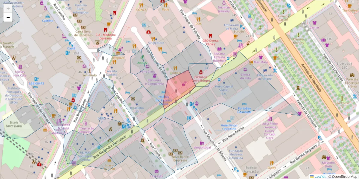 Mapa detalhado do código postal 1269-180 com limites, códigos postais vizinhos e agências dos correios