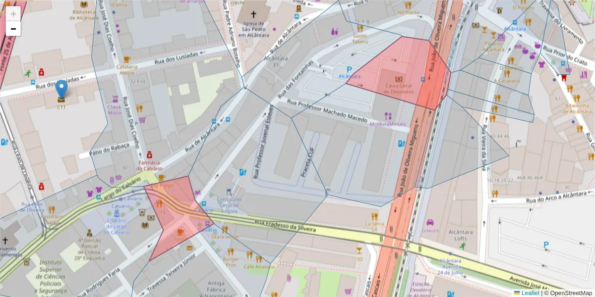 Mapa detalhado do código postal 1300-255 com limites, códigos postais vizinhos e agências dos correios