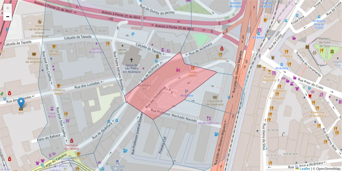 Mapa detalhado do código postal 1300-257 com limites, códigos postais vizinhos e agências dos correios