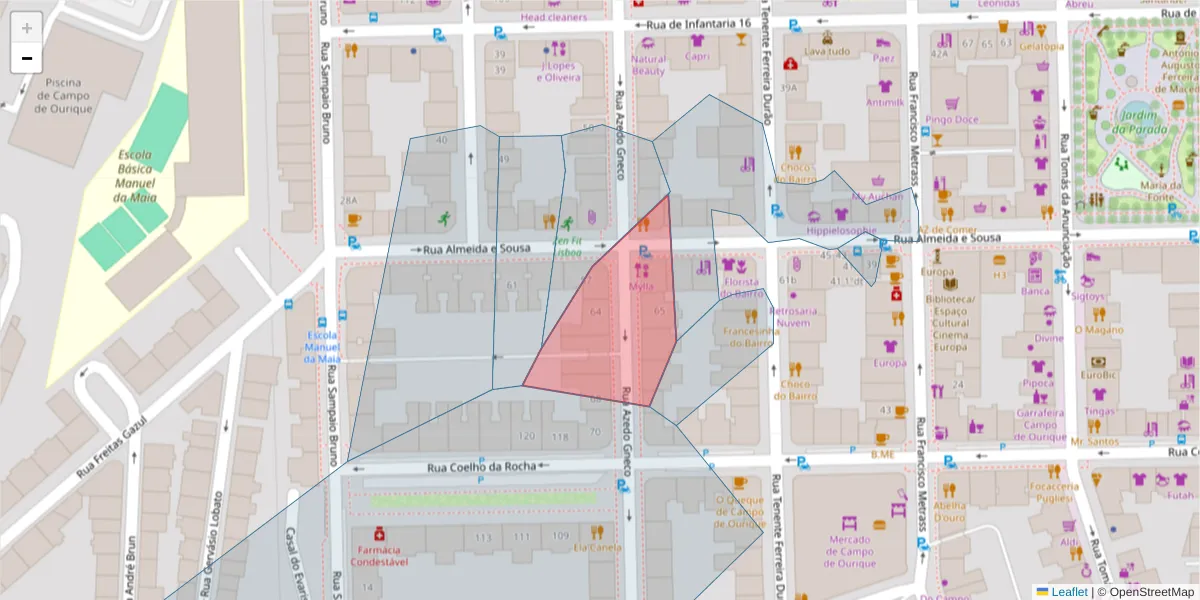 Mapa detalhado do código postal 1350-077 com limites, códigos postais vizinhos e agências dos correios