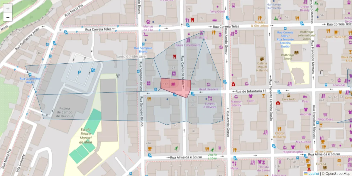 Mapa detalhado do código postal 1350-107 com limites, códigos postais vizinhos e agências dos correios