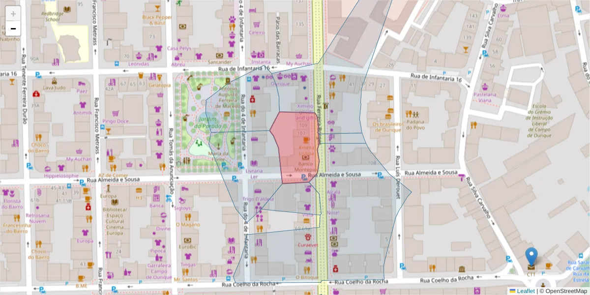 Mapa detalhado do código postal 1350-128 com limites, códigos postais vizinhos e agências dos correios