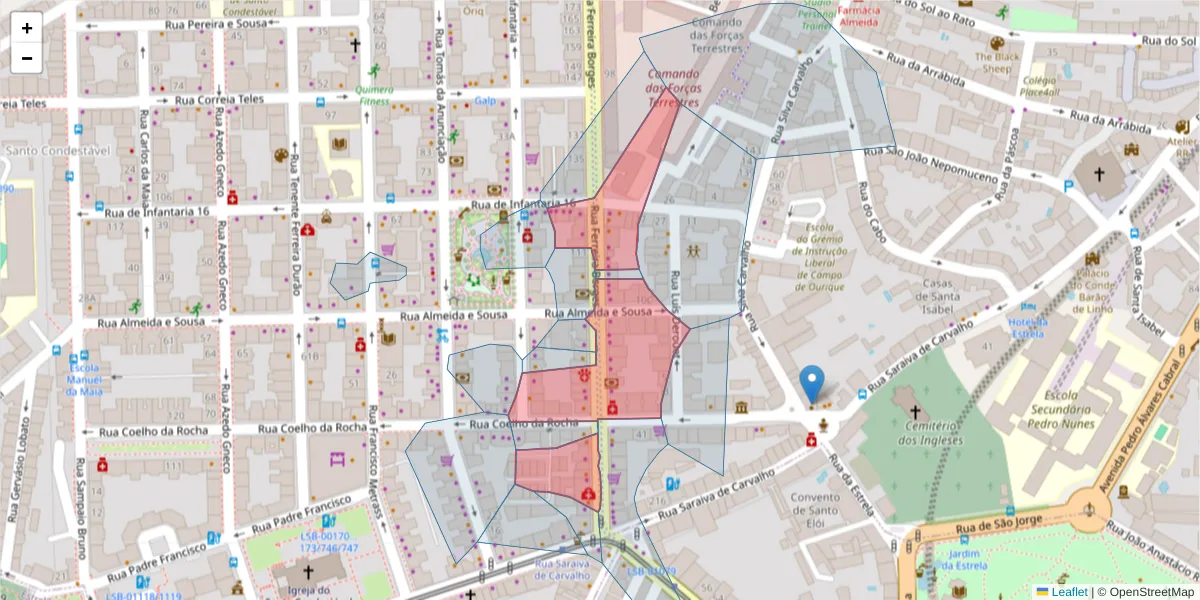 Mapa detalhado do código postal 1350-133 com limites, códigos postais vizinhos e agências dos correios