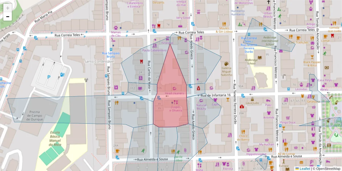 Mapa detalhado do código postal 1350-165 com limites, códigos postais vizinhos e agências dos correios