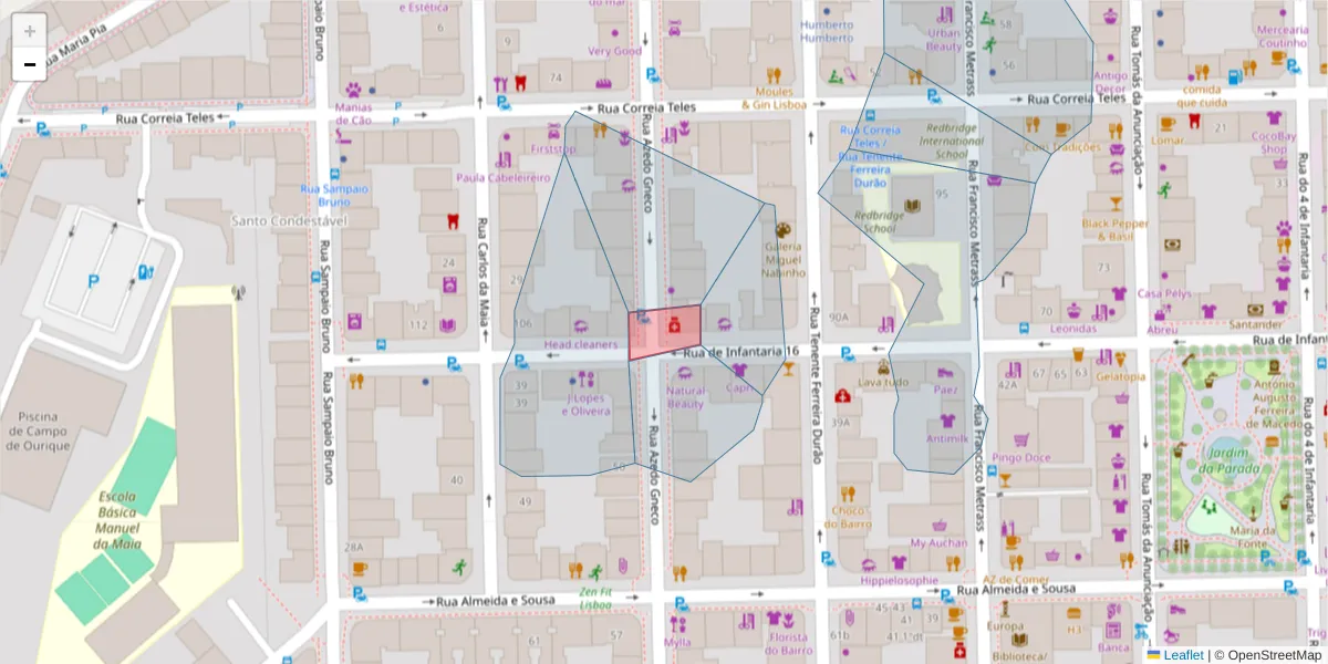 Mapa detalhado do código postal 1350-171 com limites, códigos postais vizinhos e agências dos correios