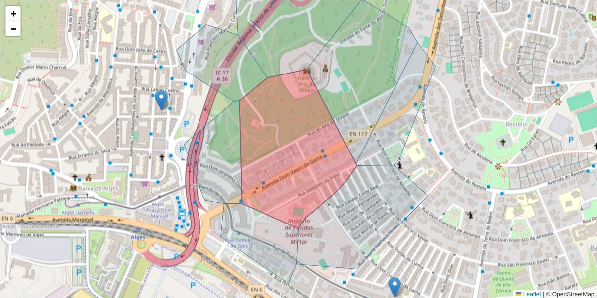 Mapa detalhado do código postal 1400-009 com limites, códigos postais vizinhos e agências dos correios