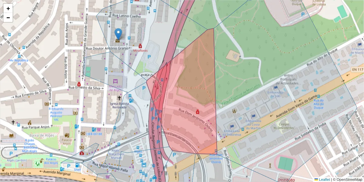 Mapa detalhado do código postal 1400-122 com limites, códigos postais vizinhos e agências dos correios