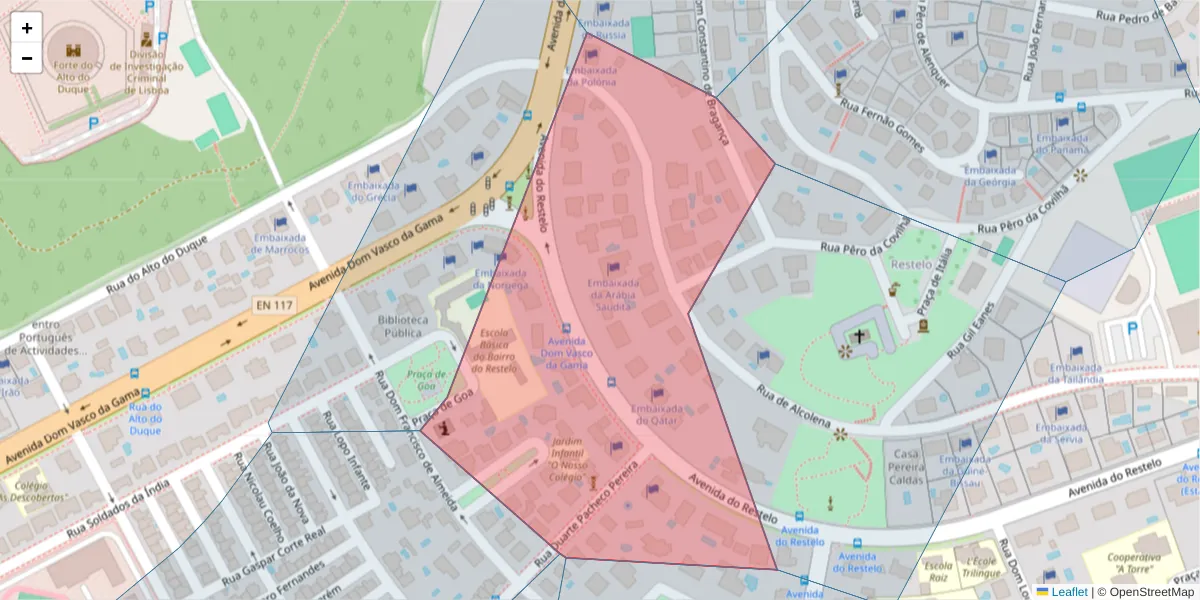 Mapa detalhado do código postal 1400-315 com limites, códigos postais vizinhos e agências dos correios