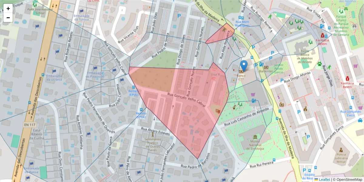 Mapa detalhado do código postal 1400-905 com limites, códigos postais vizinhos e agências dos correios