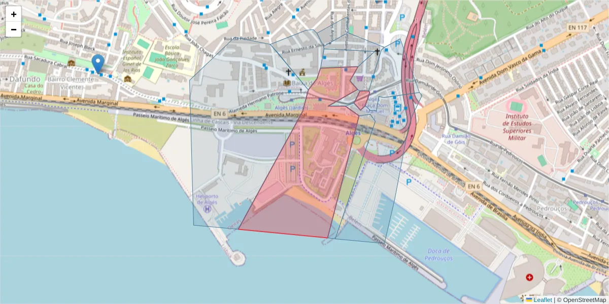 Mapa detalhado do código postal 1495-034 com limites, códigos postais vizinhos e agências dos correios
