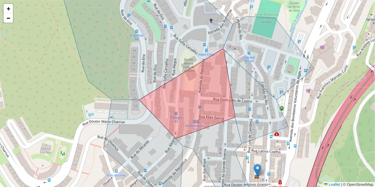 Mapa detalhado do código postal 1495-037 com limites, códigos postais vizinhos e agências dos correios