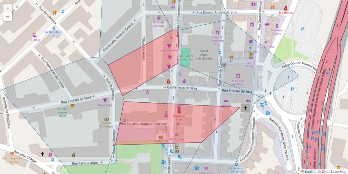 Mapa detalhado do código postal 1495-039 com limites, códigos postais vizinhos e agências dos correios